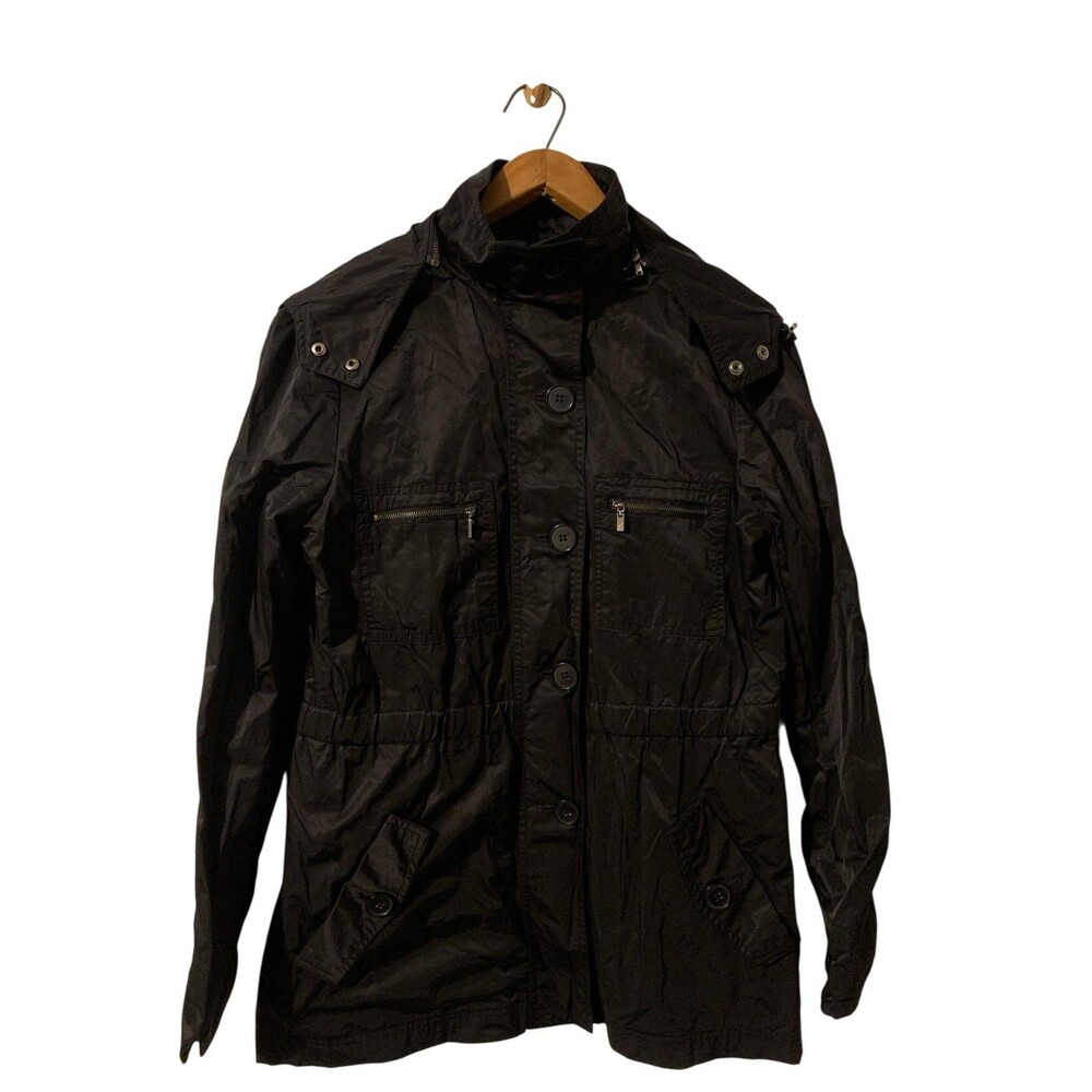 Zara Woman Jacket Womens Large Black Utility Hooded Safari Cotton Blend Pockets